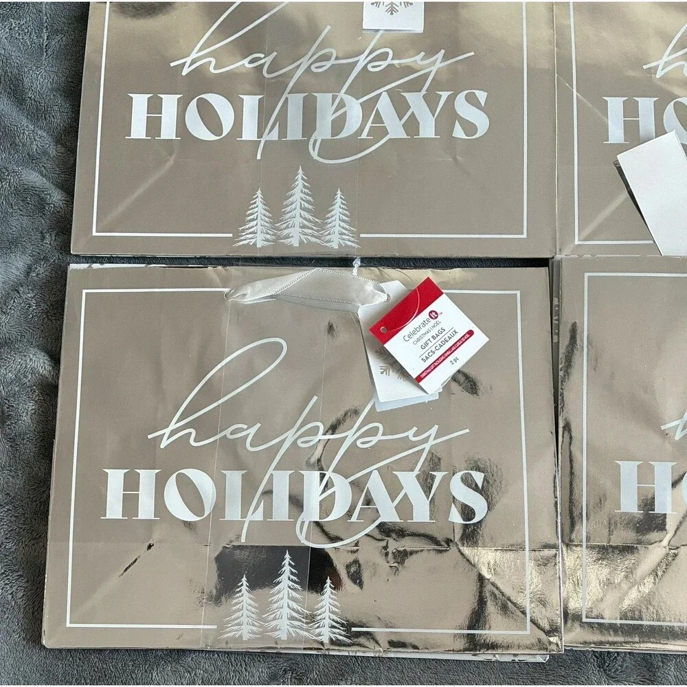 Set of 8  Christmas Gift Bags Happy Holidays  Metallic Holiday Bags